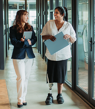 Rehabilitation center, woman with a prosthetic limb